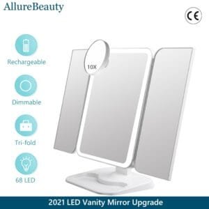 Miroir de maquillage pliable avec lumière 68 miroirs de vanité LED 10X grossissant 180Rotation