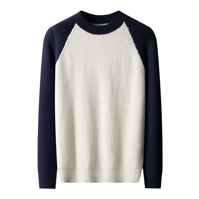 Woolen Sweater Men's Color-block Crew Neck Ingot Needle Thickened Knitting Wool Base